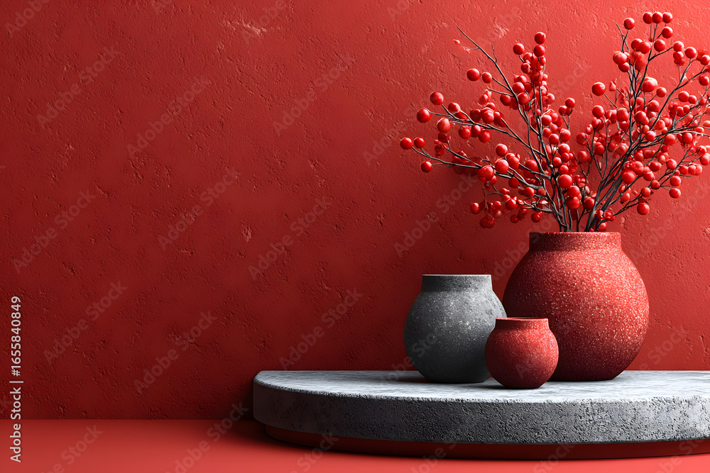 Aufkleber empty red background and stand display or shelf with studio for showing or design christmas concept.