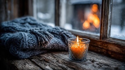 Cozy winter scene with a lit candle and sweater on a rustic windowsill, fireplace glowing in the background