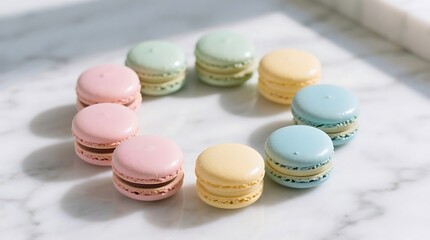 Pastel Macarons Arranged on Marble:  Elegant, Sweet, and Delicious Treats