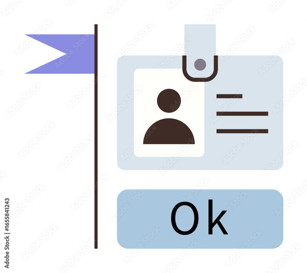Poster id badge with profile image, clip, name details, adjacent flag, and approval button. ideal for authe