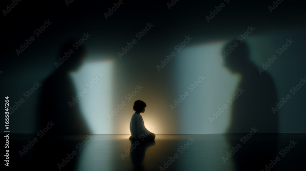 Poster a contemplative child sits quietly in the darkness. shadows loom large, creating an atmosphere of my
