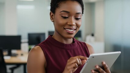 Confident african american businesswoman smiling while using a digital tablet in a modern office, showcasing her success and professional career - Powered by Adobe