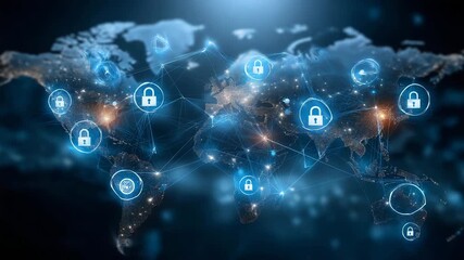 A blue globe with many locks on it.  World map overlay with glowing biohazard and lock icons interconnected, conceptual security, biosecurity, dark blue background - Powered by Adobe