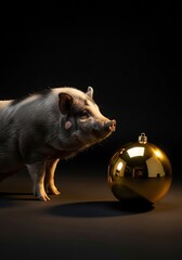 Pig Gazing at Golden Christmas Ornament.