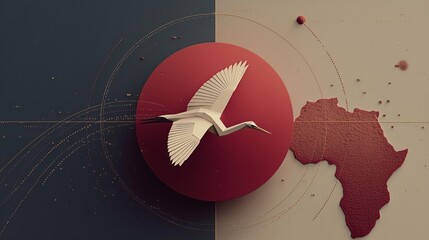 Origami swan over a red sun with textured Africa and golden orbital arcs — clean minimalist composition