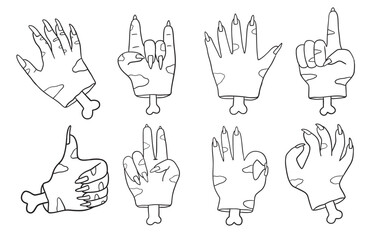 Outline funny Halloween hand zombie illustration set.