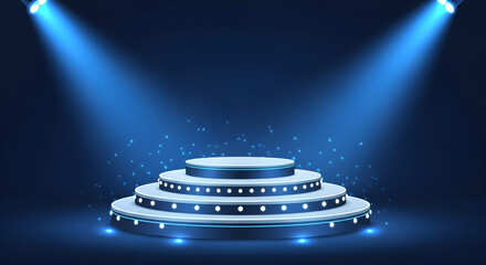 Podium stage with spot lights background - a multitiered circular stage with bright blue spotlights illuminating the center, creating a dramatic and celebratory atmosphere for an event or performance