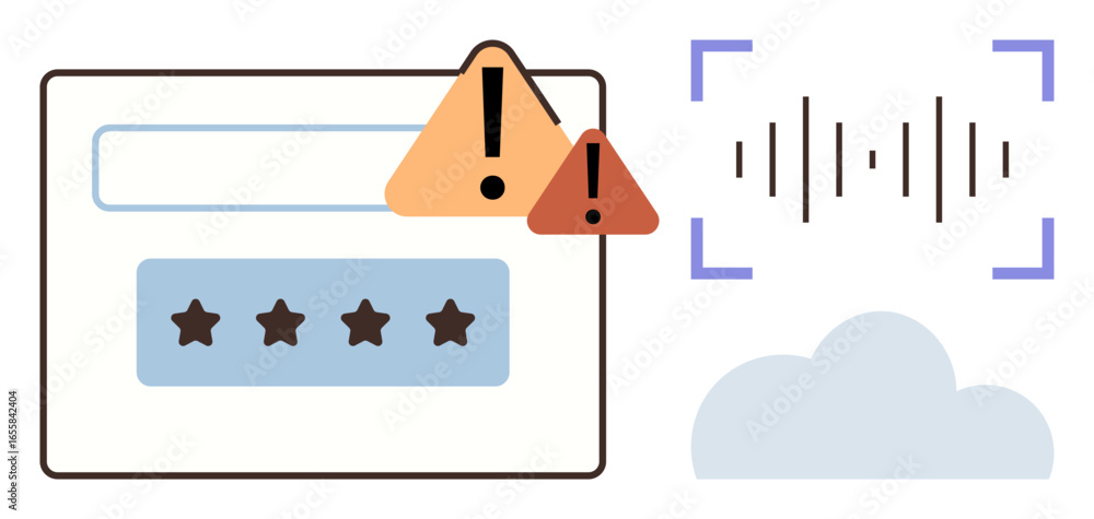 Poster password input panel with warning icons, sound wave symbol for voice recognition, and cloud shape. i