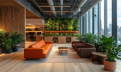 Modern office space with elegant wooden furniture and plants in pots, showcasing an innovative startup with a green, eco-friendly work environment designed to foster a productive, Generative AI