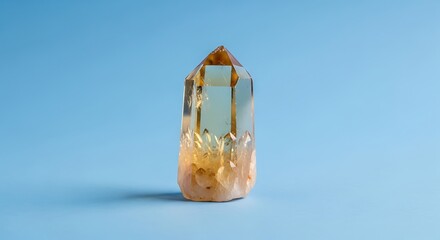 Radiant Citrine Point: A Gemstone Symbolizing Positivity and Abundance Against Serene Blue