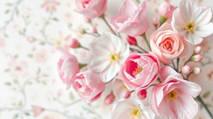 Closeup of a bouquet featuring pink and white flowers against a patterned floral background