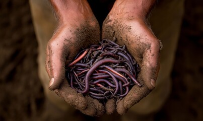 Human hands gently cradling a cluster of active earthworms amidst rich, dark fertile soil, representing sustainable agriculture, soil health, and the vital role of earthworms, Generative AI