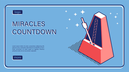 Isometric landing page, metronome device marks short intervals of time with regular sound beats. Announcement of annual interview promotion banner. Isometric vector linear banner top view