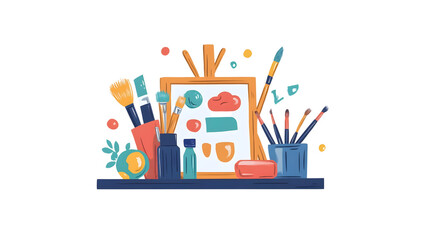 Obraz premium Creative art supplies arrangement studio illustration colorful indoor artistic inspiration