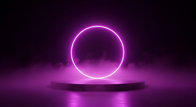 Podium stage with spot lights background - a glowing purple neon ring hovers over a marble pedestal on a dark stage with wisps of smoke and fog
