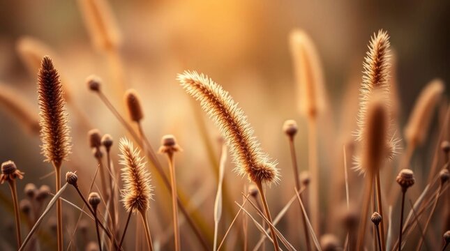 Closeup of sunlit brown and beige grasses with fuzzy seed heads and thin stems set against a blurred warmtoned background