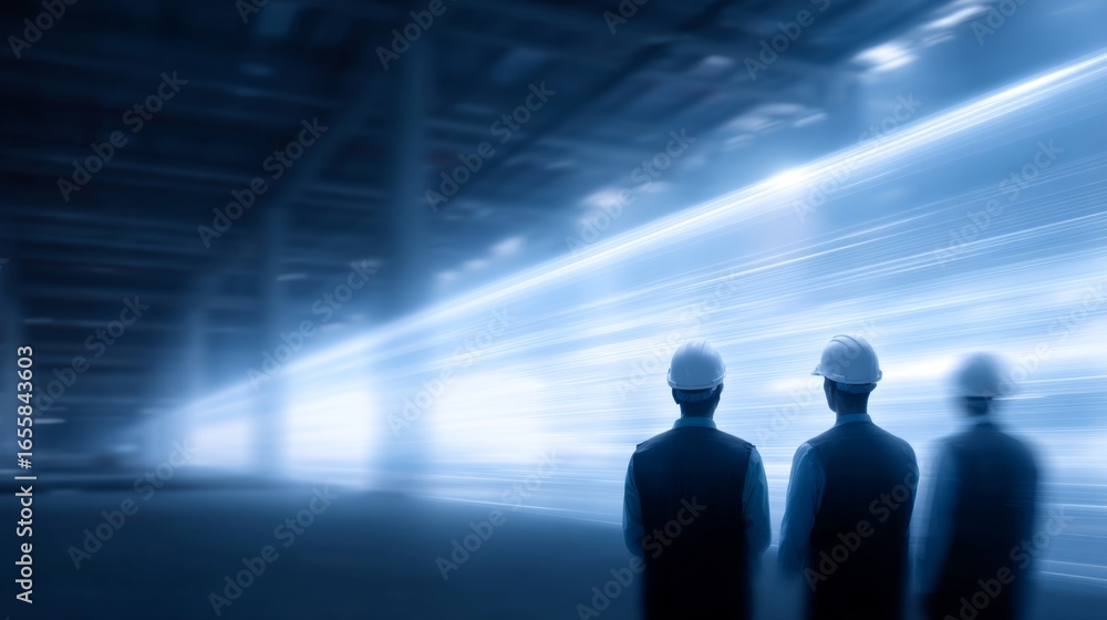 Poster three workers stand in a large, illuminated space. the image captures a modern industrial setting wi