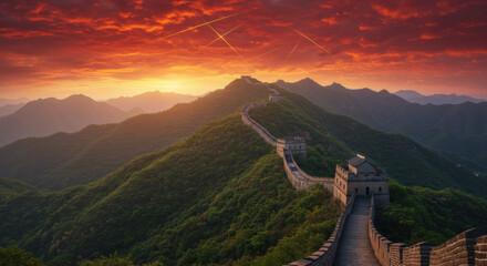 Sunrise over the great wall of china