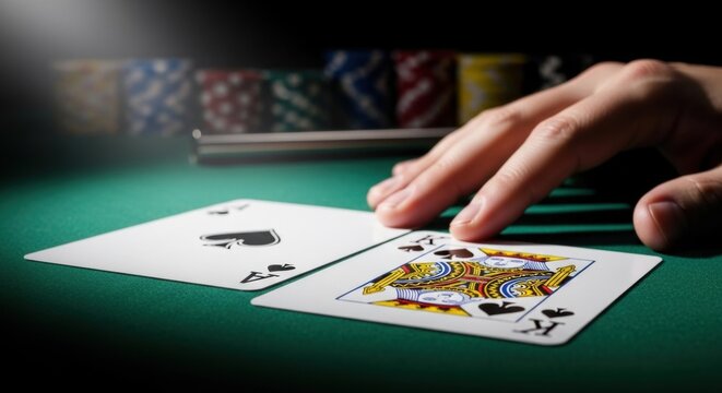 Close up of a man's hand on poker cards with game chips in a casino. Betting, gambling and entertainment concept. Advertising banner.
