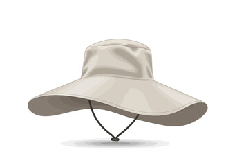 Beige sun hat with a wide brim and a black chin strap casting a soft shadow