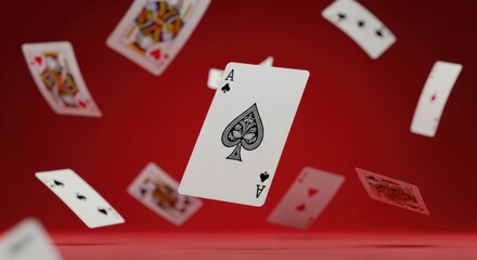 Ace of spades playing card falling with other cards on a red background. Concept of poker, gambling and casino games.