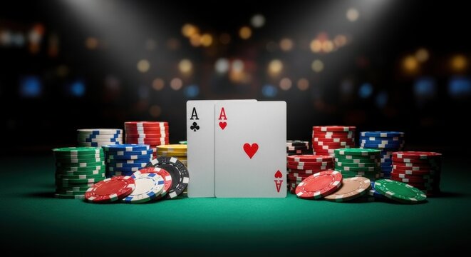 Poker aces and casino chips on green table. Gambling and betting concept in a casino setting. Game night at poker table.
