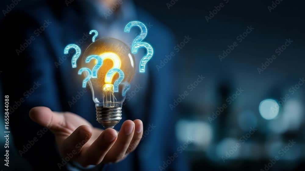 Poster a glowing light bulb with question marks symbolizing idea, innovation, curiosity, creativity, busine
