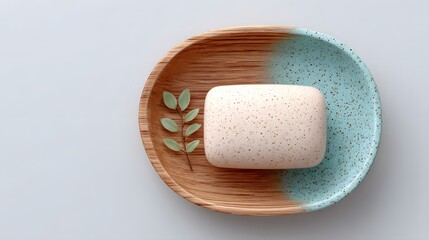 White round soap bar resting in a turquoise ceramic dish on wooden surface, natural skincare bath hygiene minimalist spa bathroom accessory