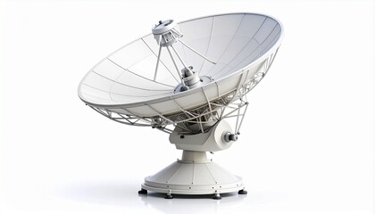 Large white satellite dish with structural supports and receiver, isolated on a white background