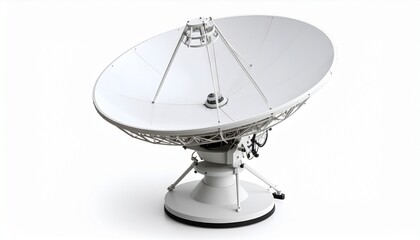 Large white satellite dish with structural supports and receiver, isolated on a white background
