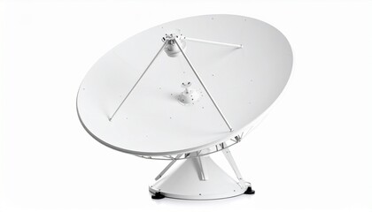 Large white satellite dish with structural supports and receiver, isolated on a white background