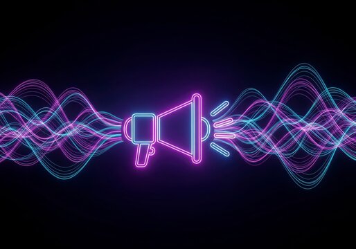 A futuristic concept of digital communication and marketing, with a neon megaphone emitting colorful, abstract sound waves
