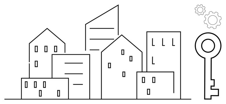 Outline of city skyline with residential and office buildings, large key symbol signifying solutions, and cogwheels illustrating processes. Ideal for real estate, urban planning, innovation