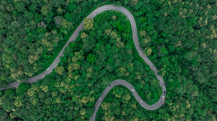Aerial view asphalt road on green forest mountain curve road with car, Green forest tree asphalt...