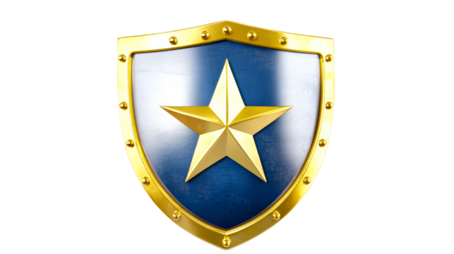 Golden Star Emblem Shield on Waving Fabric Stripes, cut out transparent