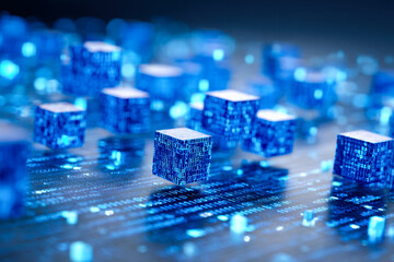 Digital data blocks representing blockchain technology in a futuristic virtual environment