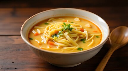 Creamy Chicken Noodle Soup in Bowl, Rustic Wooden Table Setting