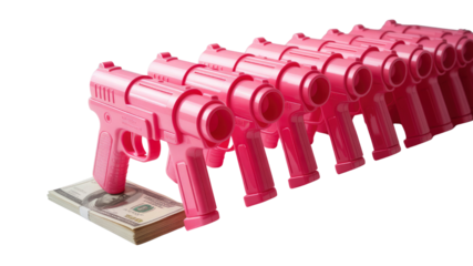 Pink Toy Guns on Stack of Money - Concept of Gun Violence, Money and Politics