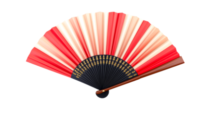 Decorative folding fan with red and cream panels and ornate handle, cut out transparent