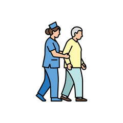 A nurse is assisting an elderly patient with walking, providing care and support at home