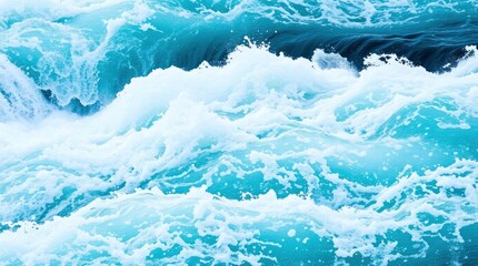 Dynamic ocean waves crash and churn with foamy white crests contrasting with a deep blue background