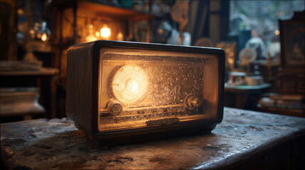 Vintage radio with glowing dial emitting static and crackling sounds on wooden table, surrounded by old-fashioned furniture, evoking a nostalgic atmosphere.