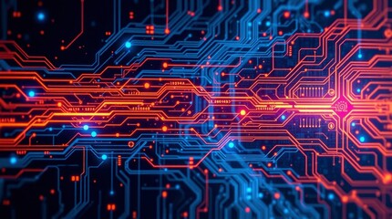 Electronic circuit board glowing orange  blue paths  components on dark background
