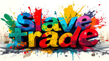 A vibrant graffiti style image of the words slave trade with ships in the background and paint splatters