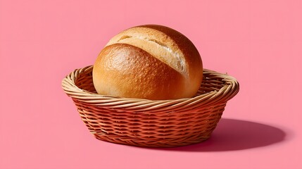Round Wholegrain Bread in a Woven Basket on a Pink Background
