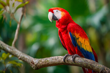 Obraz premium Vibrant red and gold macaw perched on a tree branch in lush rainforest