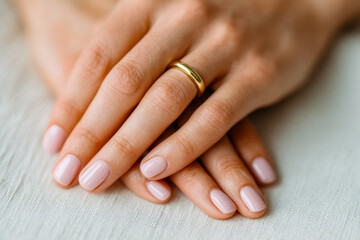 Close-up of elegant hands with a gold ring on finger, showcasing well-manicured nails