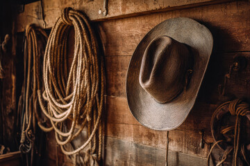 Cowboy hat hanging on a rustic wooden wall alongside coiled ropes