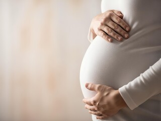 Beautiful pregnant woman cradling her baby bump with hands showing love and anticipation