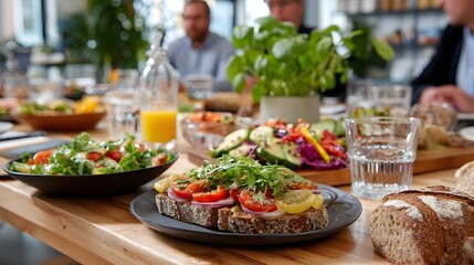 Freshly Prepared Healthy Meal During Business Meeting with Colorful Salads and Sandwiches